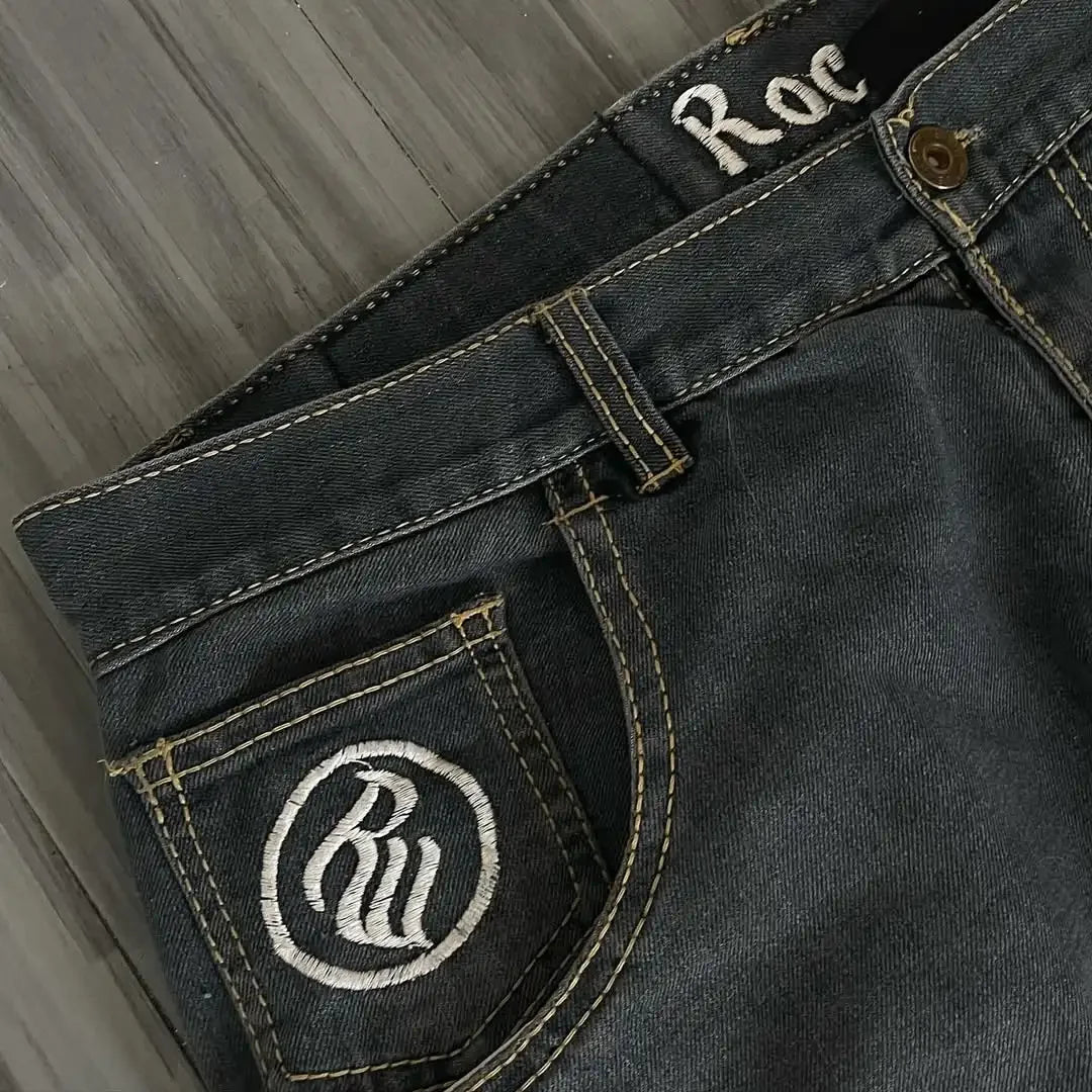 Y2K Fashion Baggy Jeans Goth Stripe Embroidery Straight Leg Pants Wing Hot melt Loose Denim Jeans Men Fashion Wide-Leg Trousers