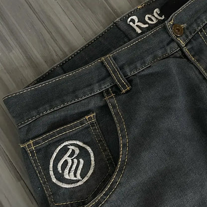 Y2K Fashion Baggy Jeans Goth Stripe Embroidery Straight Leg Pants Wing Hot melt Loose Denim Jeans Men Fashion Wide-Leg Trousers