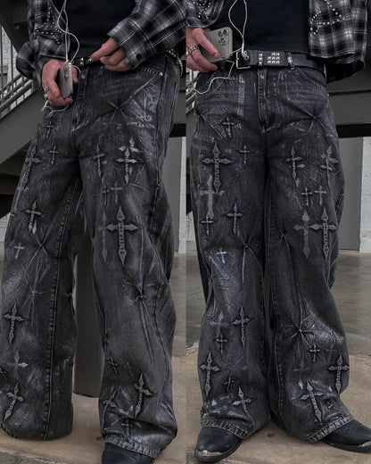 American Gothic Retro Cross Embroidery Washed Heavy Loose Jeans Men's Y2K New Popular Harajuku Hip-Hop Rock Couples Street Wear