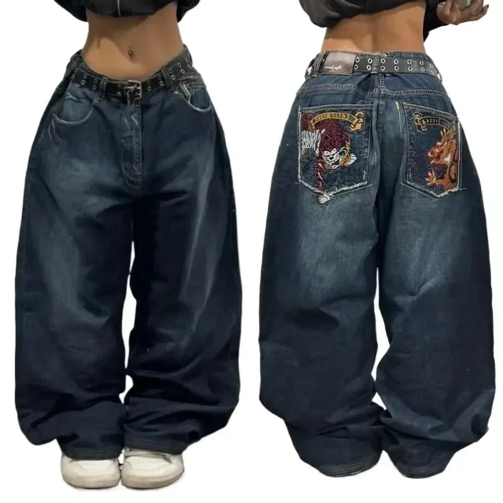 American Gothic Retro Cross Embroidery Washed Heavy Loose Jeans Men's Y2K New Popular Harajuku Hip-Hop Rock Couples Street Wear