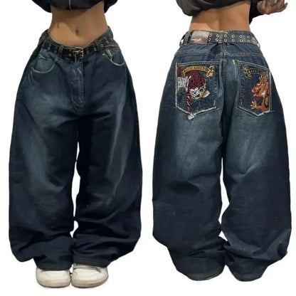 American Gothic Retro Cross Embroidery Washed Heavy Loose Jeans Men's Y2K New Popular Harajuku Hip-Hop Rock Couples Street Wear