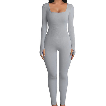 Square Collar Clothing Women's Yoga Sports Fitness Jumpsuit Workout Long Sleeve