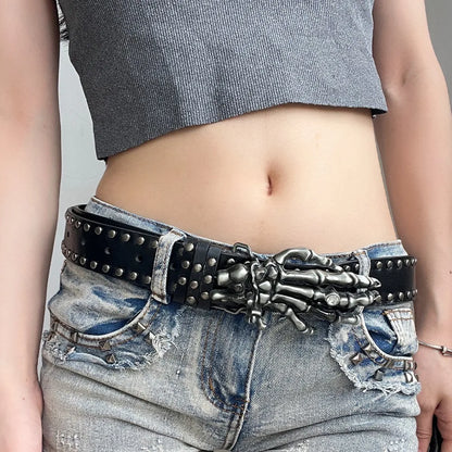 Fashion Casual Skull Belt Punk Versatile Gothic Leather Belt Adjustable Snap on Waist Belt Unisex