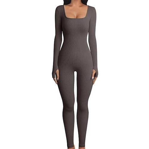 Square Collar Clothing Women's Yoga Sports Fitness Jumpsuit Workout Long Sleeve