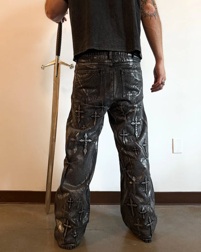 American Gothic Retro Cross Embroidery Washed Heavy Loose Jeans Men's Y2K New Popular Harajuku Hip-Hop Rock Couples Street Wear