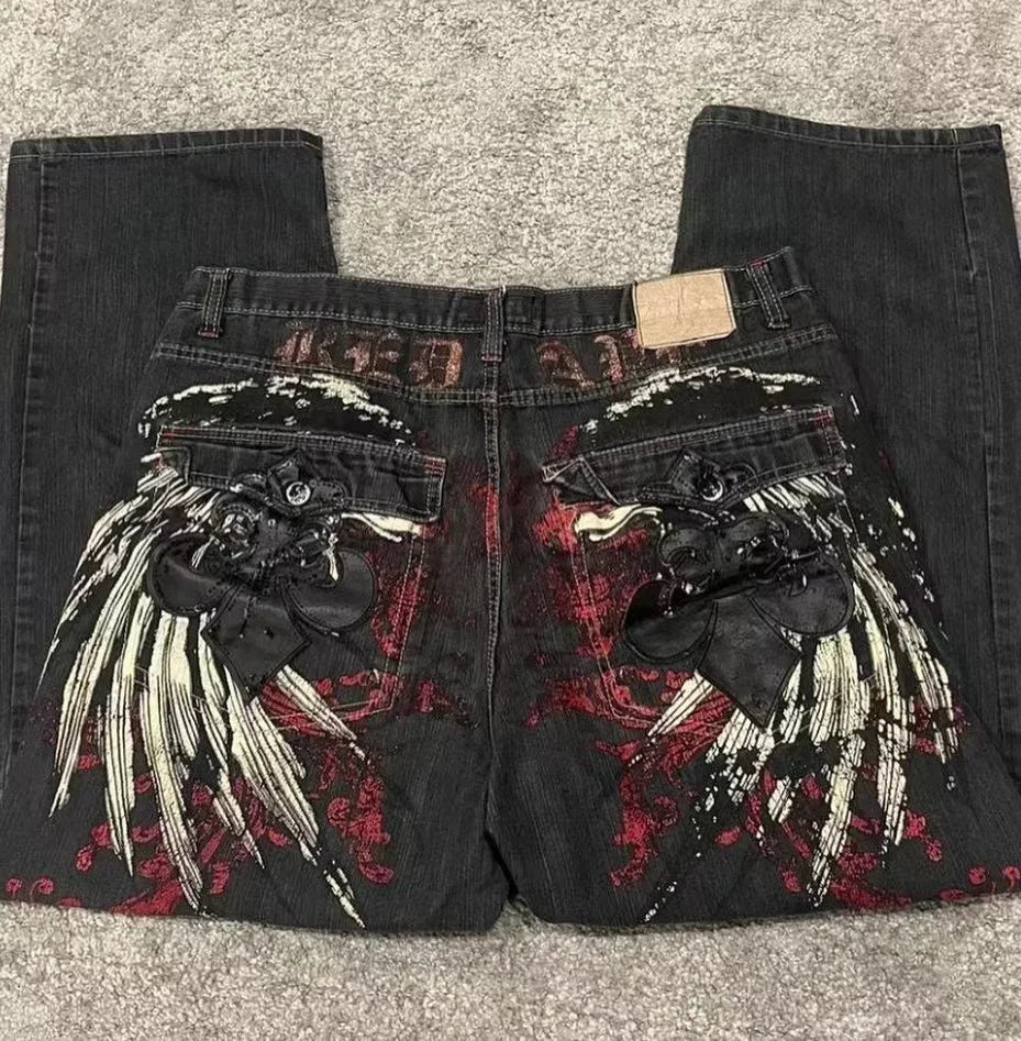 Y2K Fashion Baggy Jeans Goth Stripe Embroidery Straight Leg Pants Wing Hot melt Loose Denim Jeans Men Fashion Wide-Leg Trousers