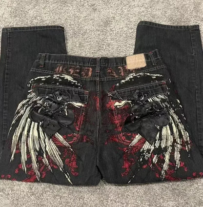 Y2K Fashion Baggy Jeans Goth Stripe Embroidery Straight Leg Pants Wing Hot melt Loose Denim Jeans Men Fashion Wide-Leg Trousers