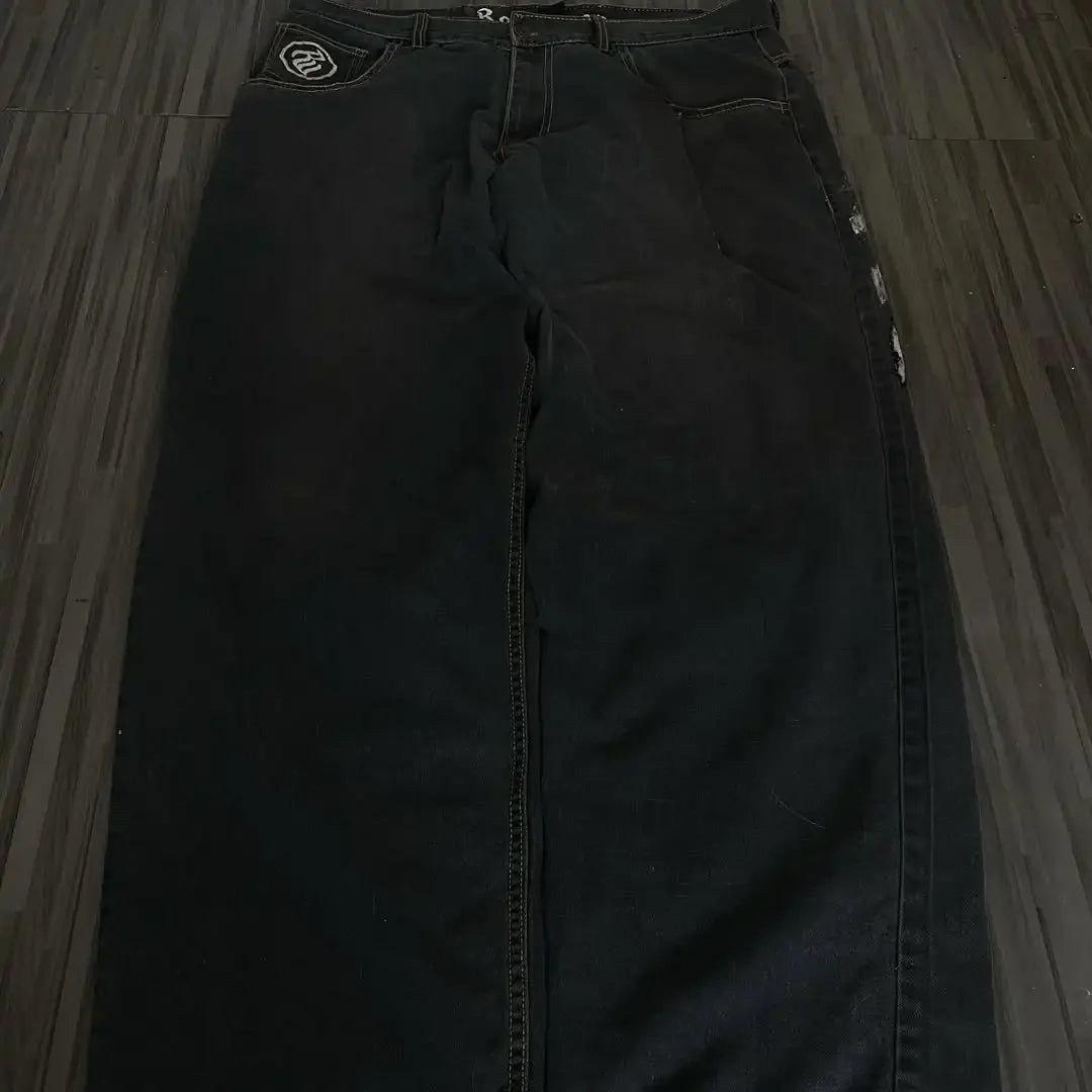 Y2K Fashion Baggy Jeans Goth Stripe Embroidery Straight Leg Pants Wing Hot melt Loose Denim Jeans Men Fashion Wide-Leg Trousers