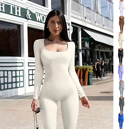 Square Collar Clothing Women's Yoga Sports Fitness Jumpsuit Workout Long Sleeve