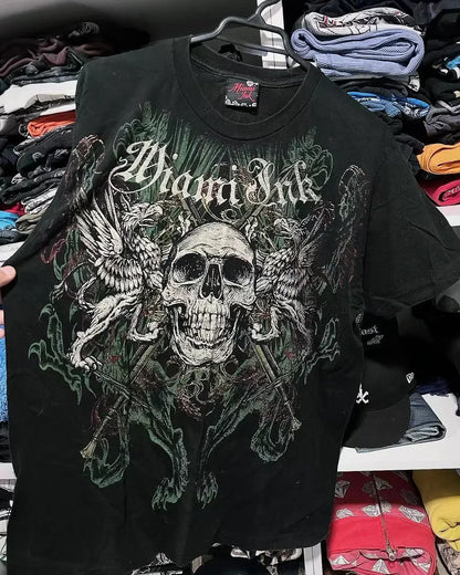Men Gothic Skeleton Print T-shirt With Crew Neck Loose Shirt 2000s Clothing Hip Hop Couple Top Versatile Retro Pop Street