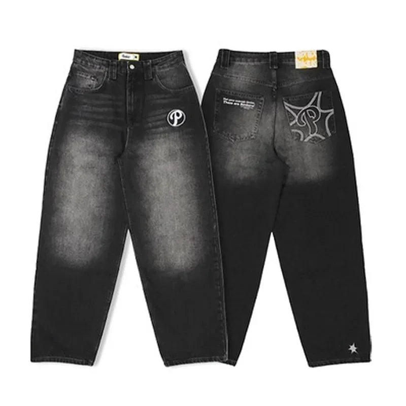 American Gothic Retro Cross Embroidery Washed Heavy Loose Jeans Men's Y2K New Popular Harajuku Hip-Hop Rock Couples Street Wear