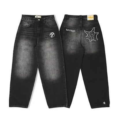 American Gothic Retro Cross Embroidery Washed Heavy Loose Jeans Men's Y2K New Popular Harajuku Hip-Hop Rock Couples Street Wear