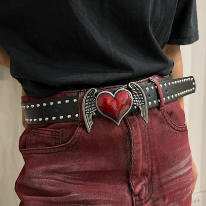 Unisex Jeans Belt Red Heart Wings Goth Y2k Fashion Belts For Women High Quality Luxury Brand Rivet Punk Accessory Men Waistband