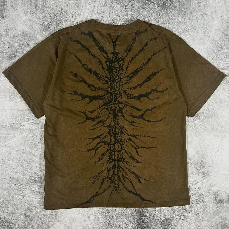 Men Gothic Skeleton Print T-shirt With Crew Neck Loose Shirt 2000s Clothing Hip Hop Couple Top Versatile Retro Pop Street